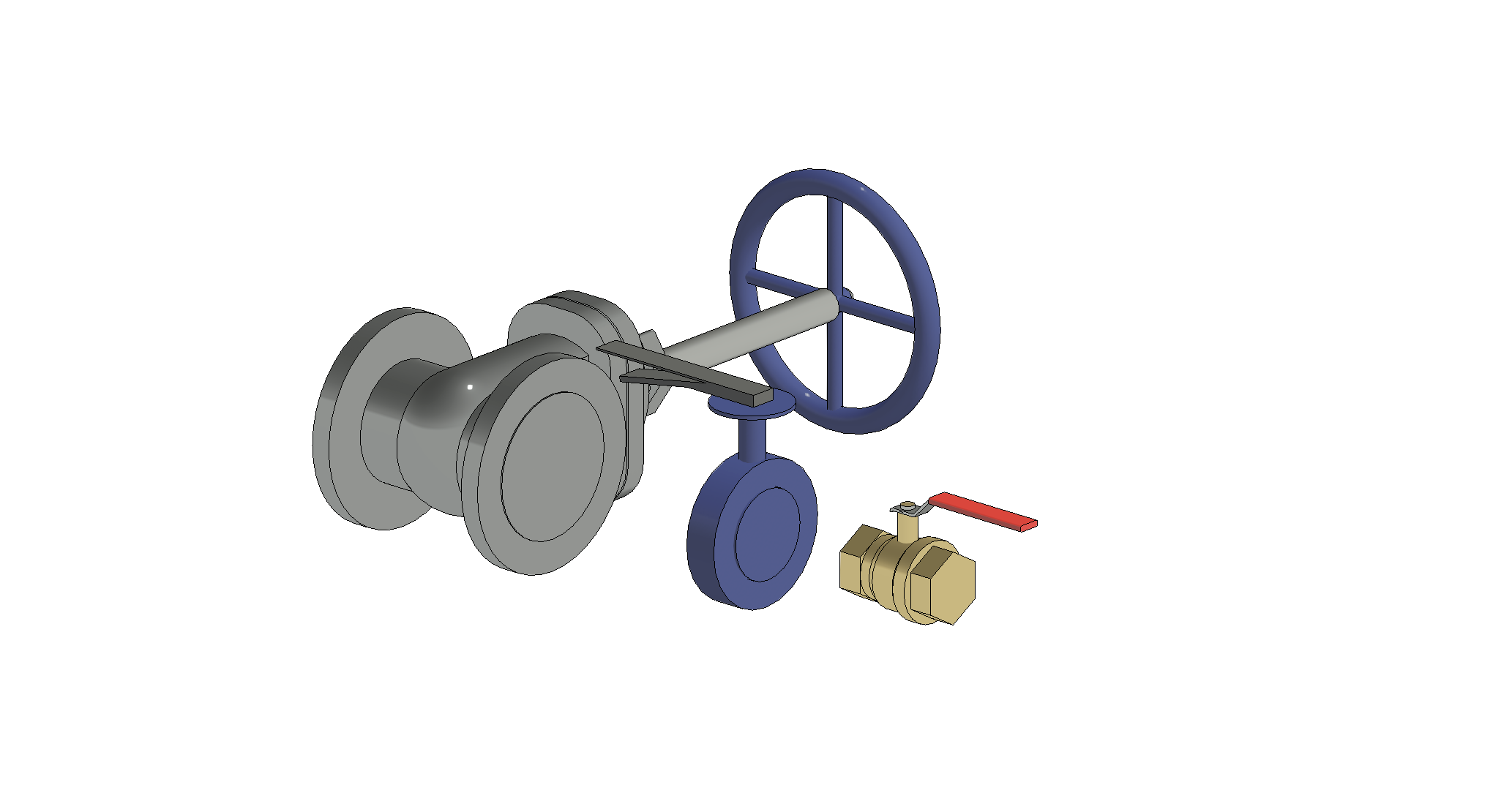 Revit raytrace showing three of our REWORKED 3D valve models - D171A ball valve from Crane, the 47XU-F gate valve from Crane and a butterfly valve from Brymec.